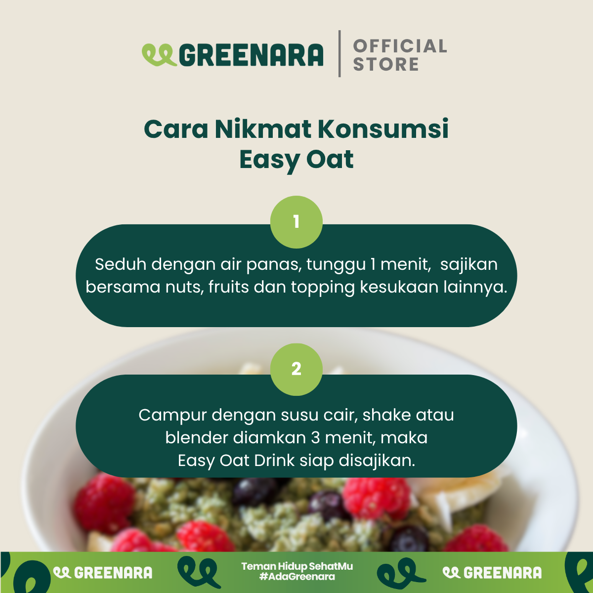 Greenara Natural Easy Oat Matcha / Oatmeal Instant Low Calorie (160cal/serv) Sarapan Tinggi Protein & Serat