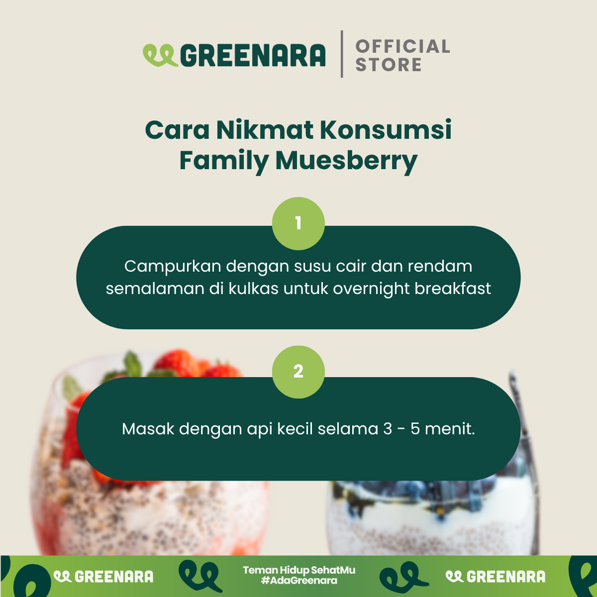 Greenara Natural Family Muesberry 500gr (140cal/serv)/ Sarapan Sehat Oatmeal Kaya Serat Protein