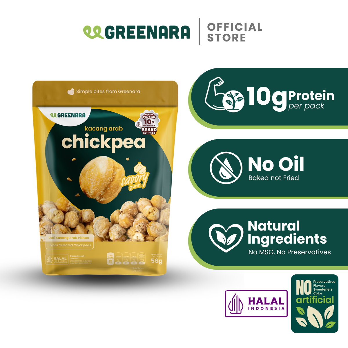 Greenara Natural Roasted Chickpea Savory 56g / Kacang Arab Panggang Gurih / Snack Sehat