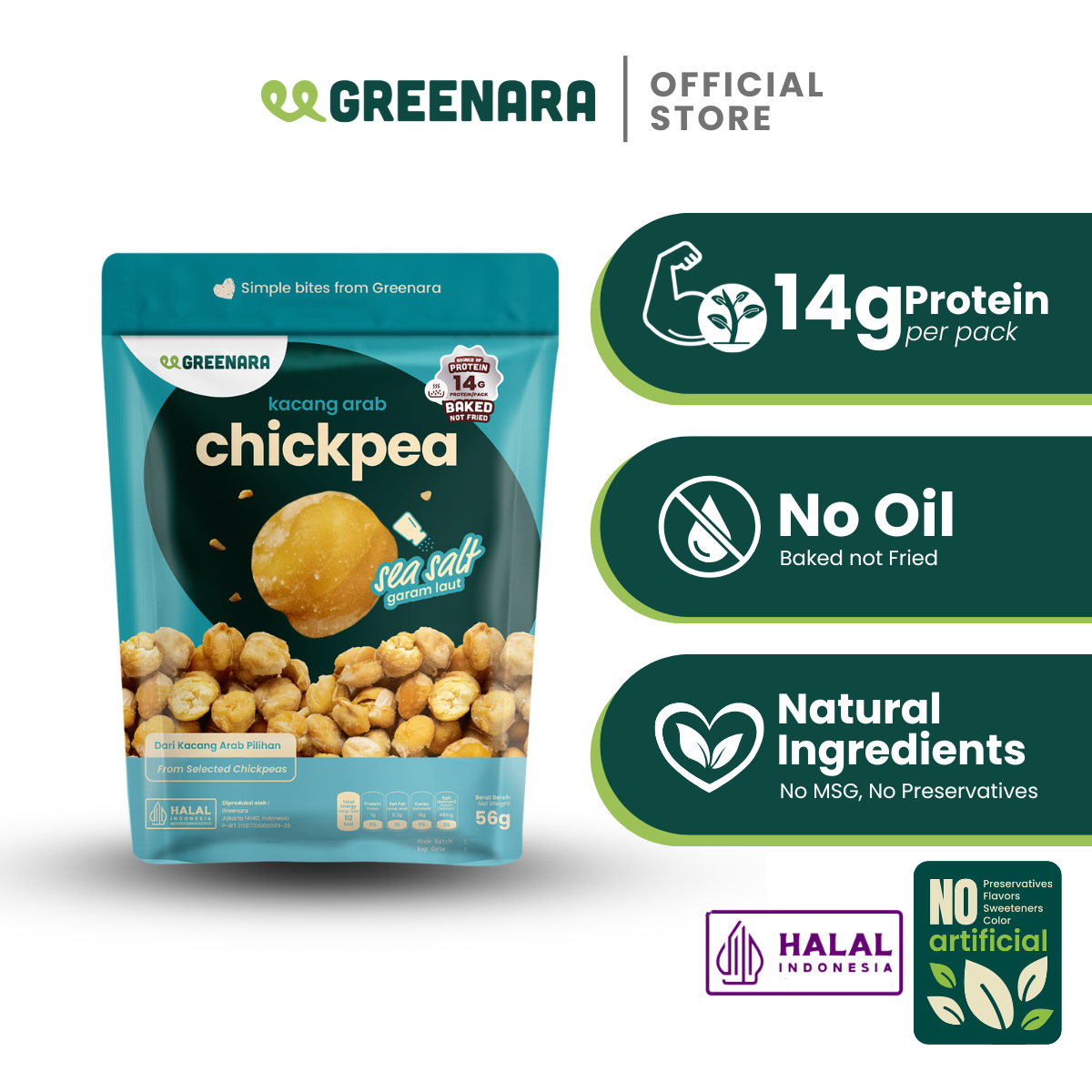 Greenara Natural Roasted Chickpea Sea Salt 56g / Kacang Arab Panggang Rasa Sea Salt / Snack Sehat