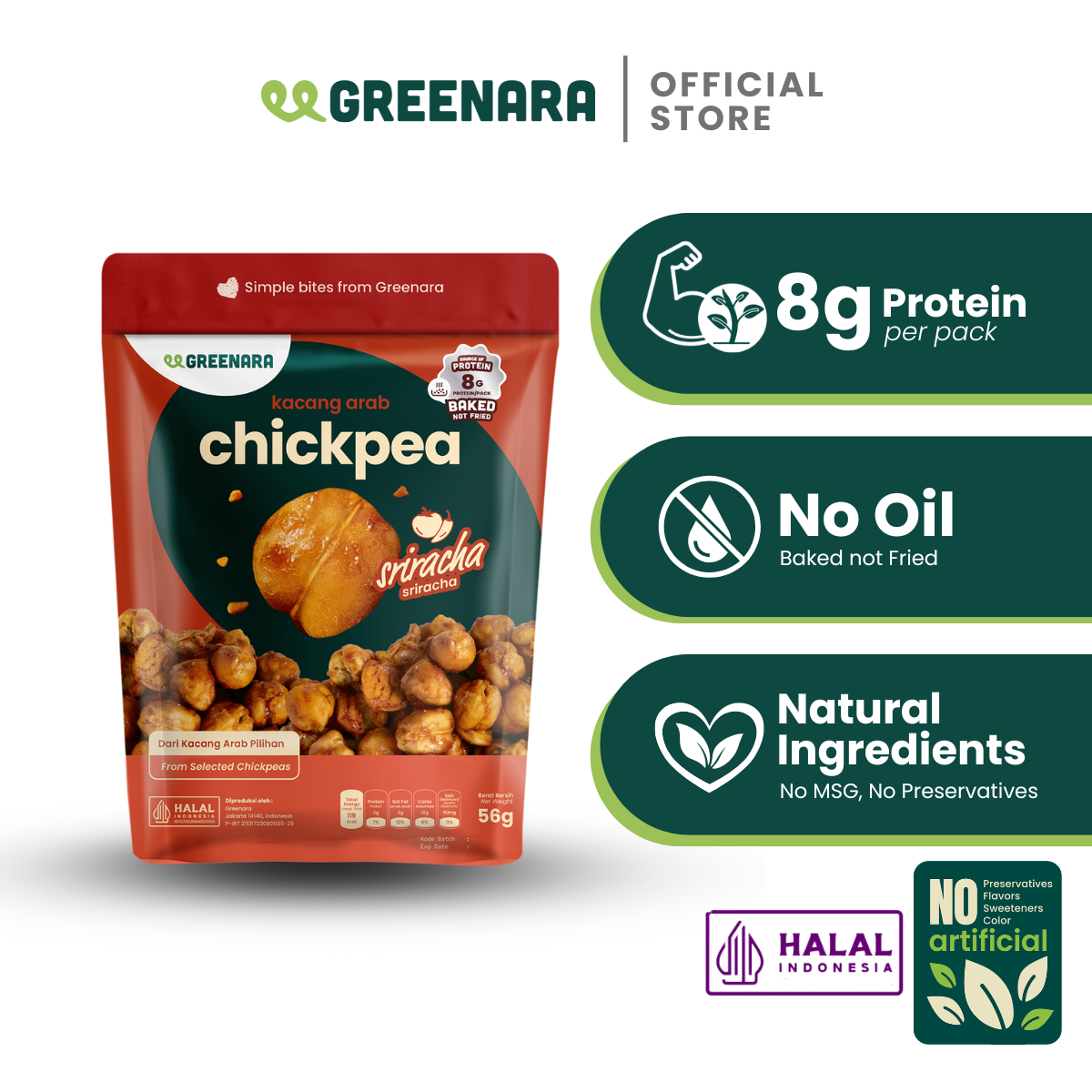 Greenara Natural Roasted Chickpea Sriracha 56g / Kacang Arab Panggang Rasa Sriracha / Snack Sehat