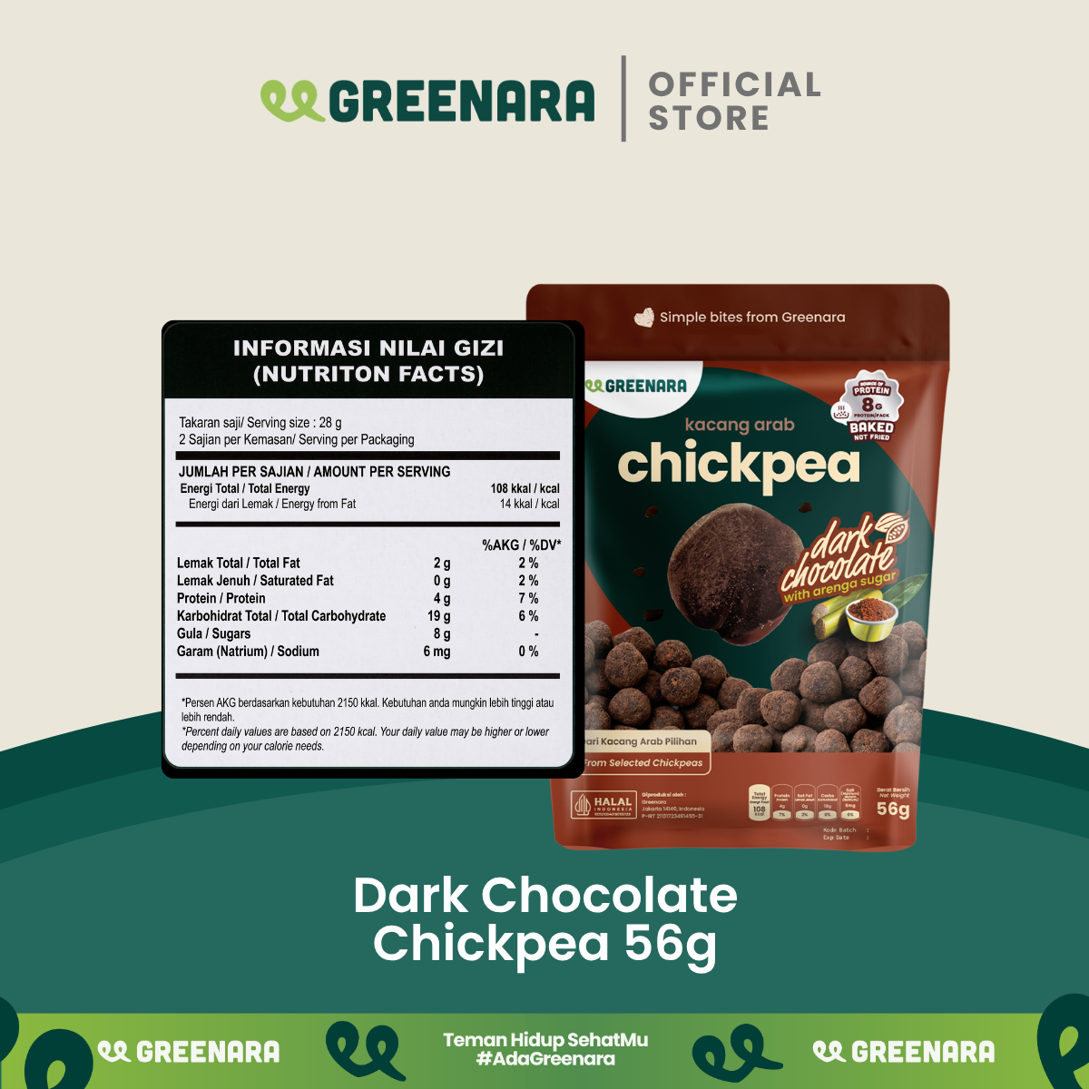 Greenara Natural Roasted Chickpea Dark Chocolate 56g / Kacang Arab Panggang Coklat / Snack Sehat