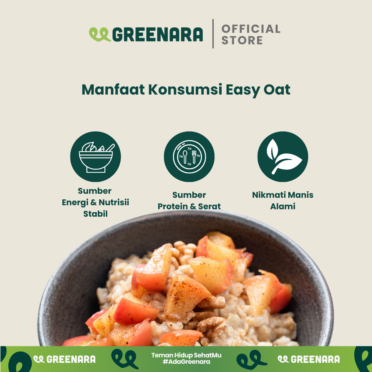 Greenara Easy Oat Apple / Oatmeal Instan Rendah Kalori (160kal/saji) Sarapan Tinggi Protein & Serat