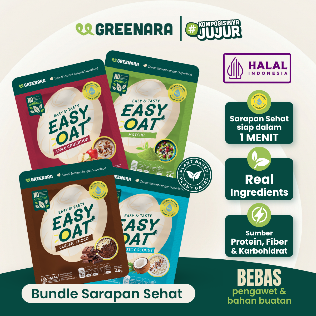 Greenara Natural Easy Oat / Instant Breakfast / Sarapan Sereal Sehat Kaya Nutrisi All Variant