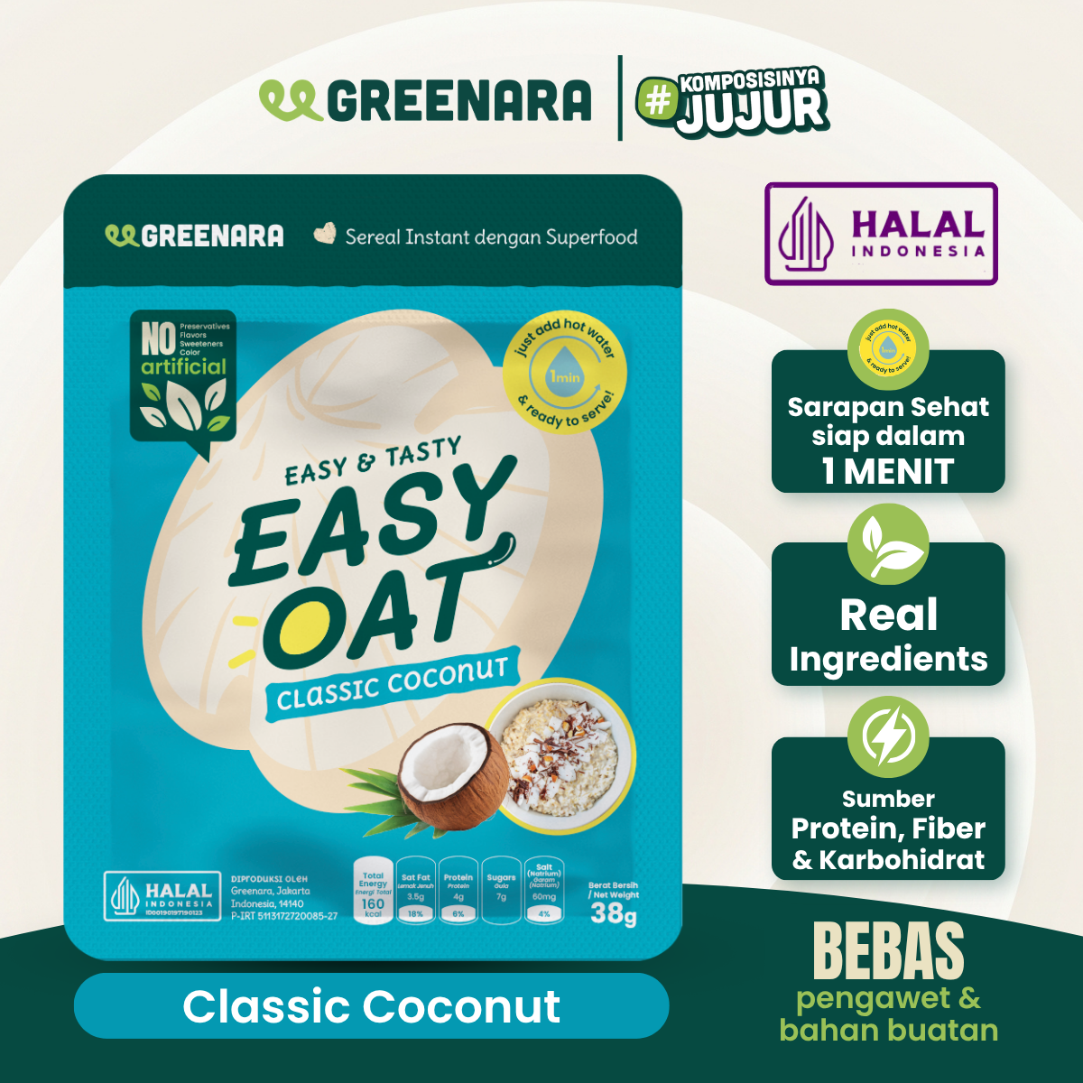 Greenara Easy Oat Coconut / Oatmeal Instan Rendah Kalori (160kkal/saji) Sarapan Tinggi Protein & Serat