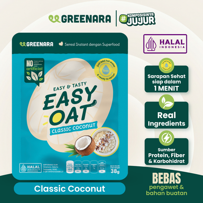 Greenara Easy Oat Coconut / Oatmeal Instan Rendah Kalori (160kkal/saji) Sarapan Tinggi Protein & Serat