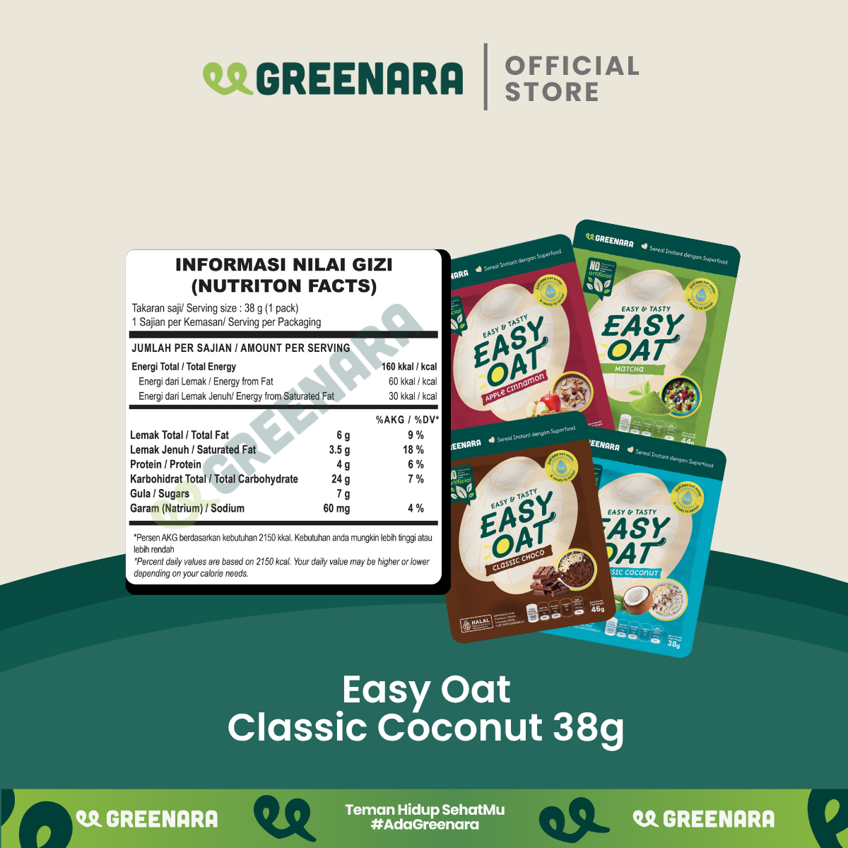 Greenara Easy Oat Coconut / Oatmeal Instan Rendah Kalori (160kkal/saji) Sarapan Tinggi Protein & Serat