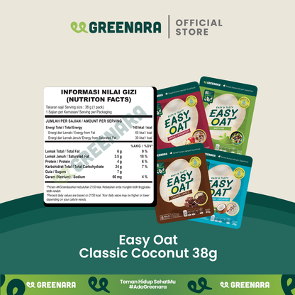 Greenara Easy Oat Coconut / Oatmeal Instan Rendah Kalori (160kkal/saji) Sarapan Tinggi Protein & Serat