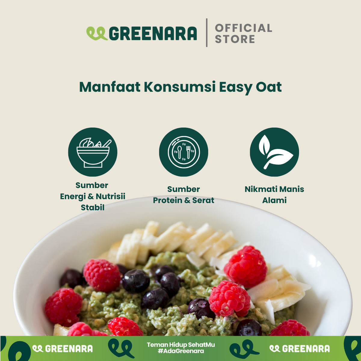 Greenara Natural Easy Oat Matcha / Oatmeal Instant Low Calorie (160cal/serv) Sarapan Tinggi Protein & Serat