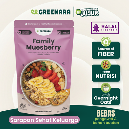 Greenara Natural Family Muesberry 500gr (140cal/serv)/ Sarapan Sehat Oatmeal Kaya Serat Protein