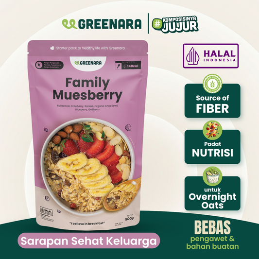 Greenara Natural Family Muesberry 500gr (140cal/serv)/ Sarapan Sehat Oatmeal Kaya Serat Protein