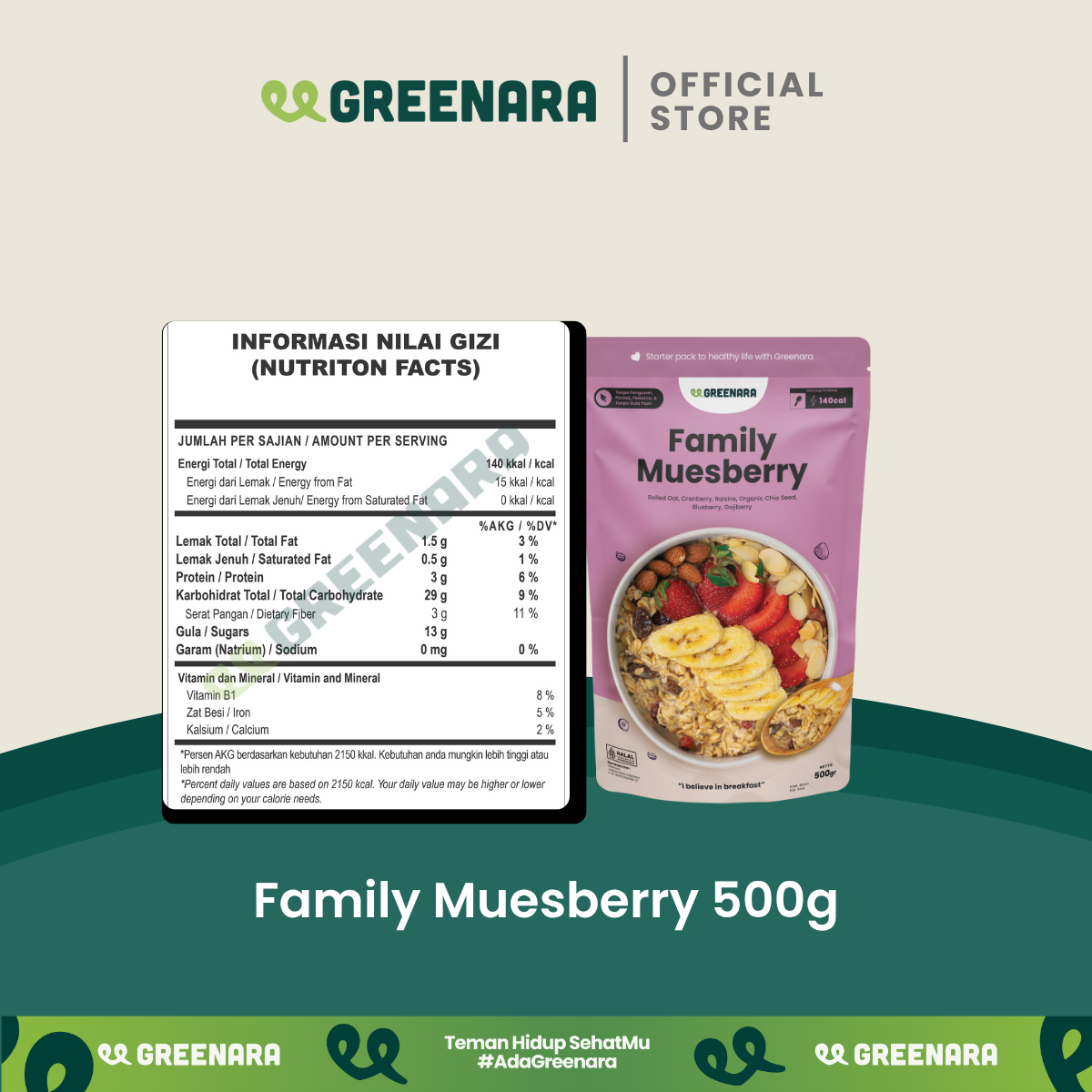 Greenara Natural Family Muesberry 500gr (140cal/serv)/ Sarapan Sehat Oatmeal Kaya Serat Protein