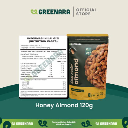 Greenara Natural Honey Roasted Almonds 120gr Low Calorie (160cal / Serv) / Snack Kacang Sehat Alami