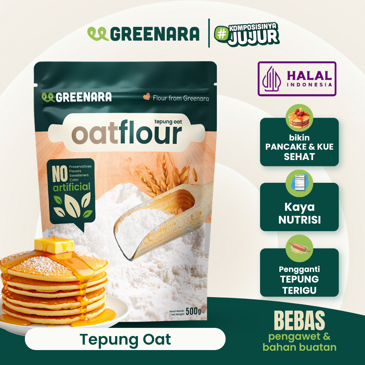 Greenara Natural Oat Flour 500gr Less Gluten / Tepung Oat Pancake Roti Kue / Pengganti Tepung Terigu