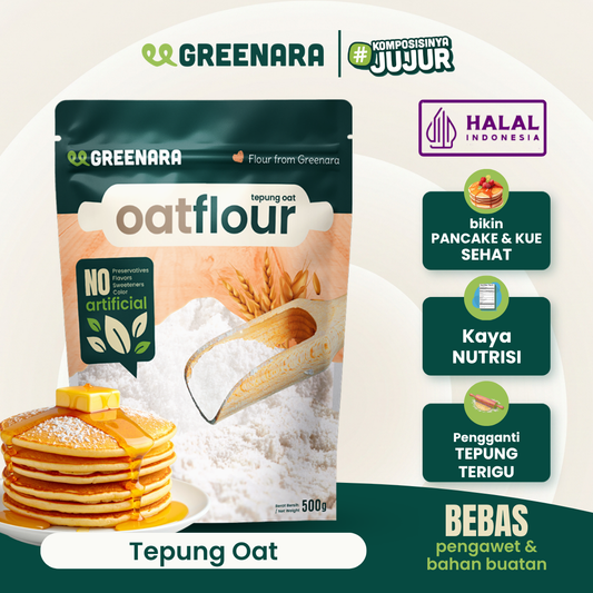 Greenara Natural Oat Flour 500gr Less Gluten / Tepung Oat Pancake Roti Kue / Pengganti Tepung Terigu