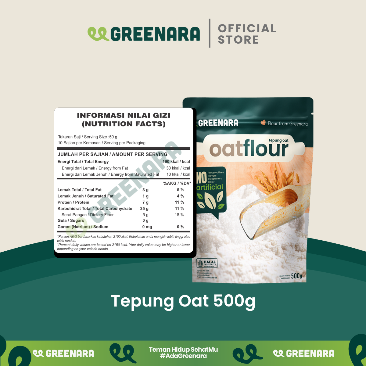 Greenara Natural Oat Flour 500gr Less Gluten / Tepung Oat Pancake Roti Kue / Pengganti Tepung Terigu