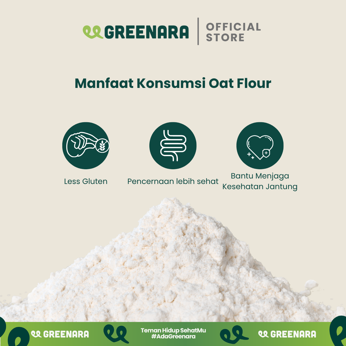 Greenara Natural Oat Flour 500gr Less Gluten / Tepung Oat Pancake Roti Kue / Pengganti Tepung Terigu