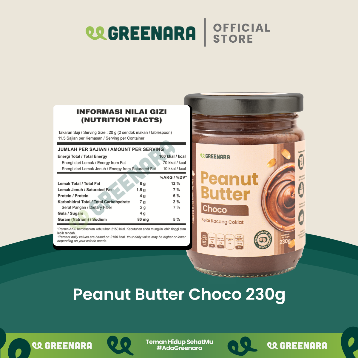 Greenara Natural Peanut Choco Butter 230gr Rendah Kalori (100kal/saji) / Selai Kacang Rendah Kalori