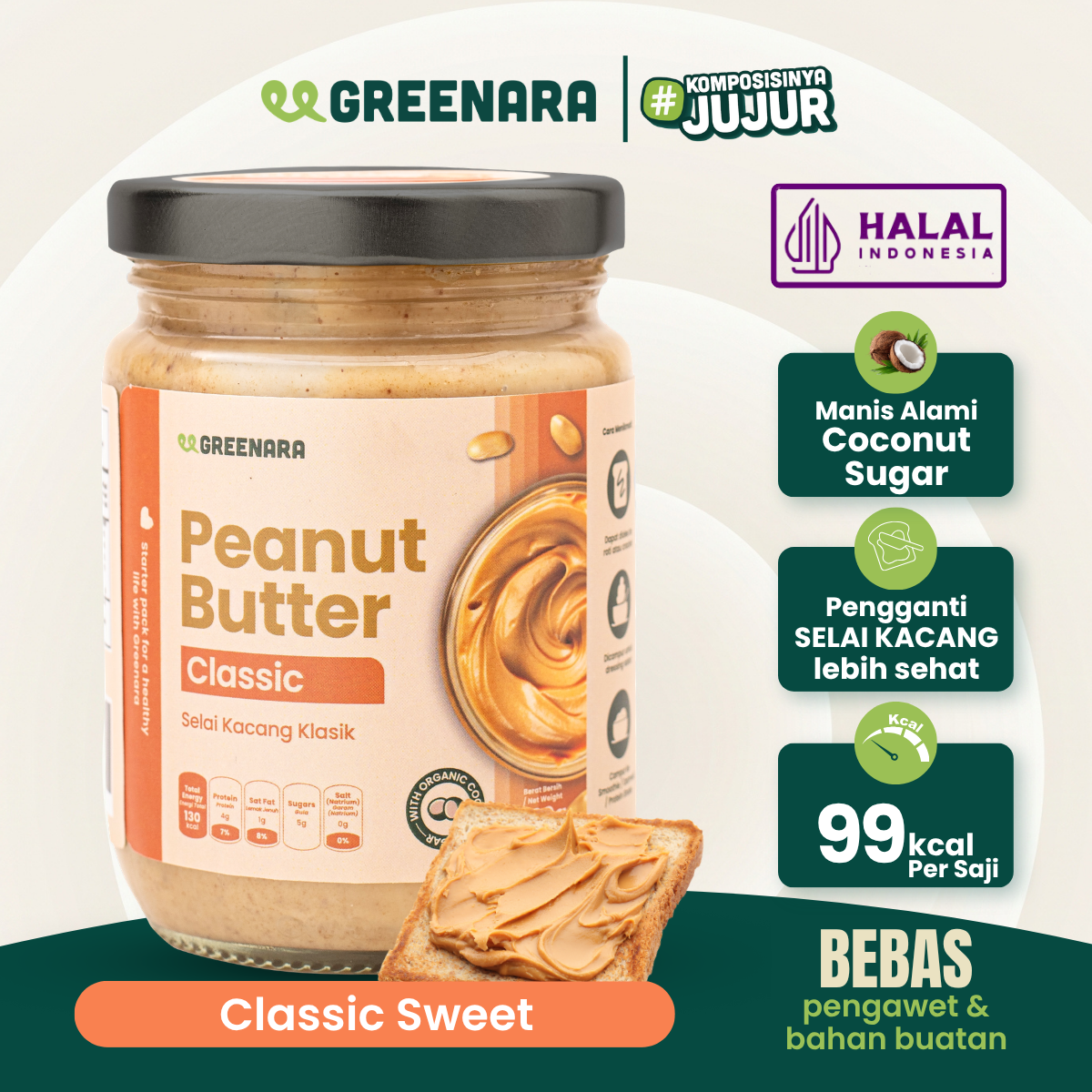 Greenara Natural Peanut Classic Butter 230g Low Calorie (100cal/serv) / Selai Kacang Rendah Kalori