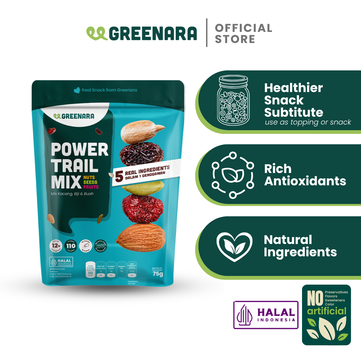 Greenara Natural Power Trail Mix 75gr / Healthy Snack (No Sugar Added) / Snack Sehat