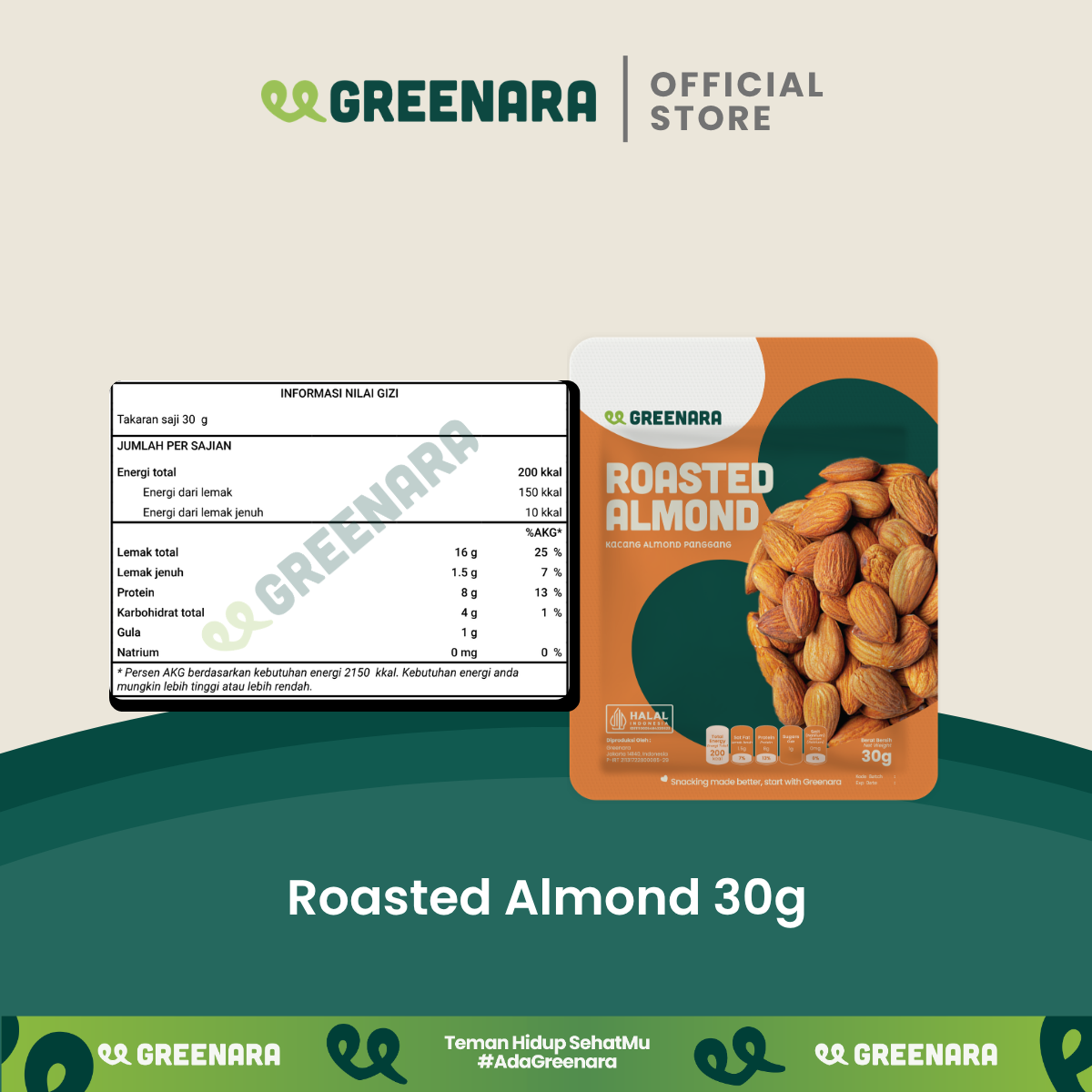 Greenara One Serving Roasted Almond 30gr / Snack Sehat / Kacang Almond Panggang / Camilan Diet