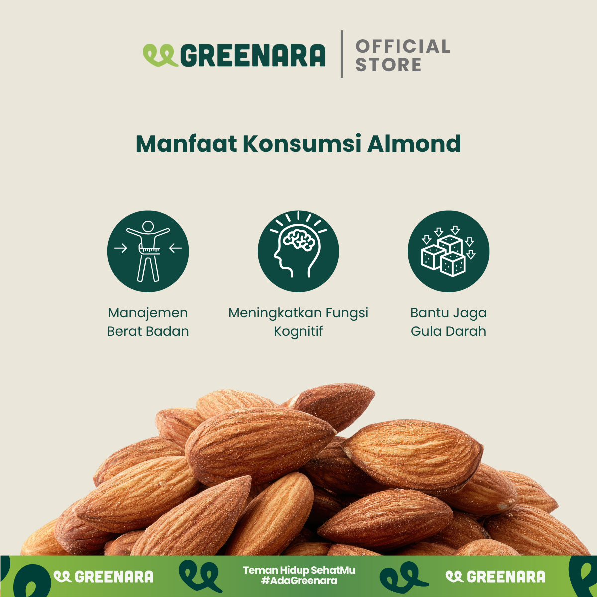 Greenara One Serving Roasted Almond 30gr / Snack Sehat / Kacang Almond Panggang / Camilan Diet