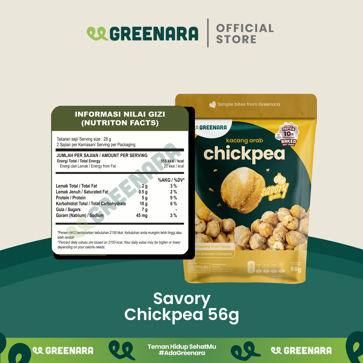 Greenara Natural Roasted Chickpea Savory 56g / Kacang Arab Panggang Gurih / Snack Sehat