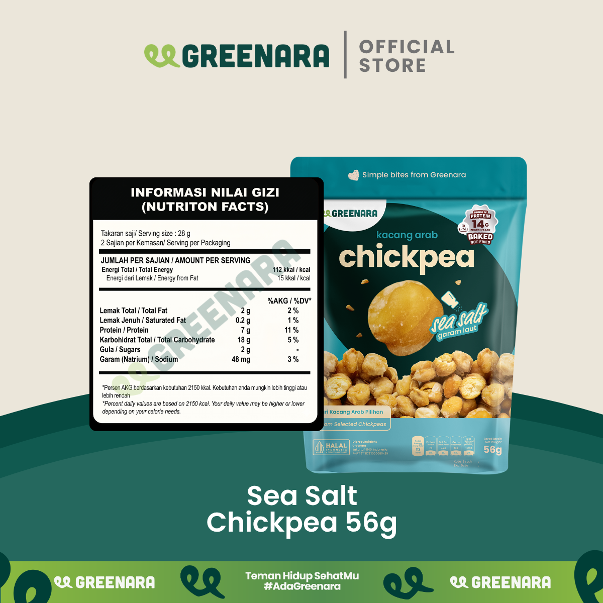 Greenara Natural Roasted Chickpea Sea Salt 56g / Kacang Arab Panggang Rasa Sea Salt / Snack Sehat