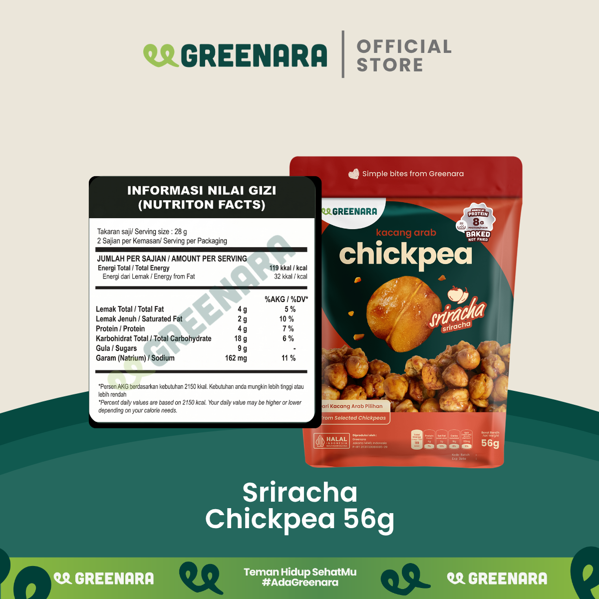 Greenara Natural Roasted Chickpea Sriracha 56g / Kacang Arab Panggang Rasa Sriracha / Snack Sehat