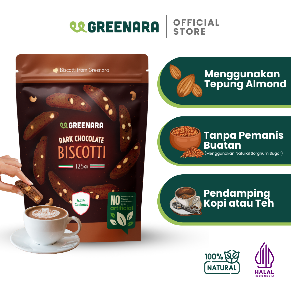 Greenara Dark Chocolate Cashew Biscotti 125gr / Healthy Biscuits