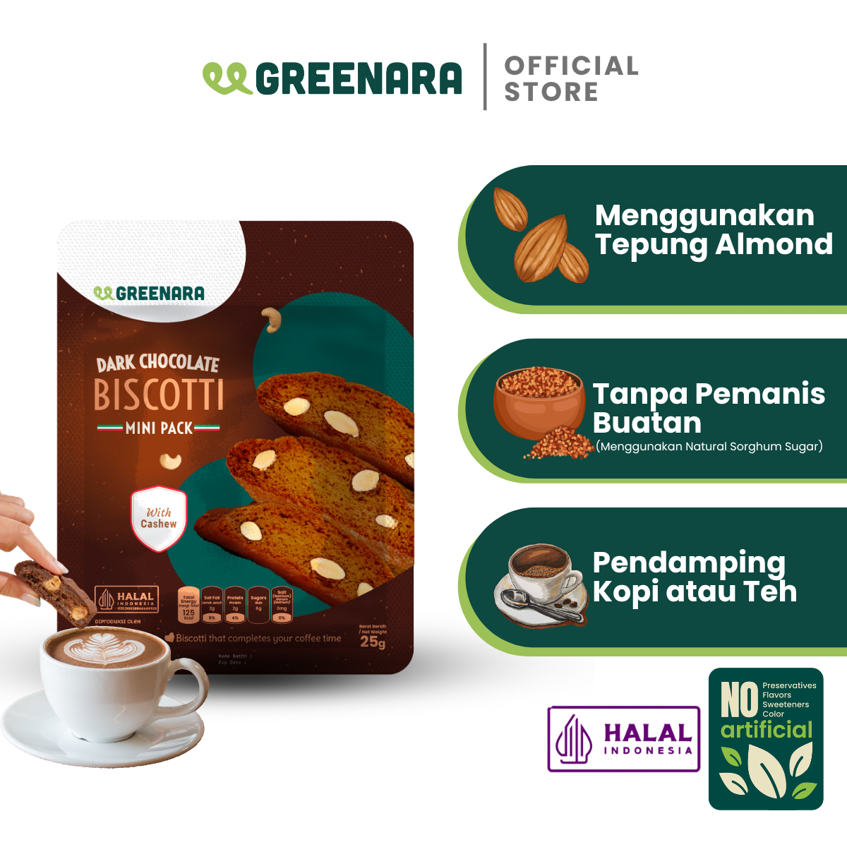 Greenara One Serving Dark Chocolate Cashew Biscotti (100kal/Saji) / Biskuit Sehat Bebas Gluten Tanpa Gula Pasir / Camilan Sehat
