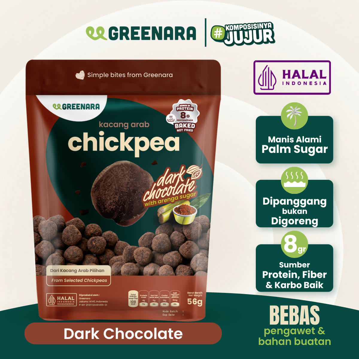 Greenara Natural Roasted Chickpea Dark Chocolate 56g / Kacang Arab Panggang Coklat / Snack Sehat