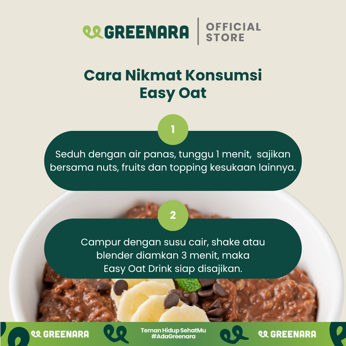 Greenara Natural Easy Oat Choco / Oatmeal Instant Low Calorie (180cal/serv) Sarapan Tinggi Protein & Serat