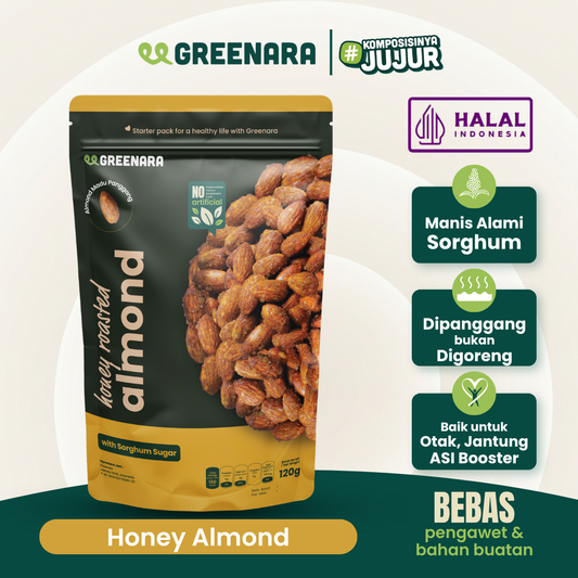 Greenara Natural Honey Roasted Almonds 120gr Low Calorie (160cal / Serv) / Snack Kacang Sehat Alami