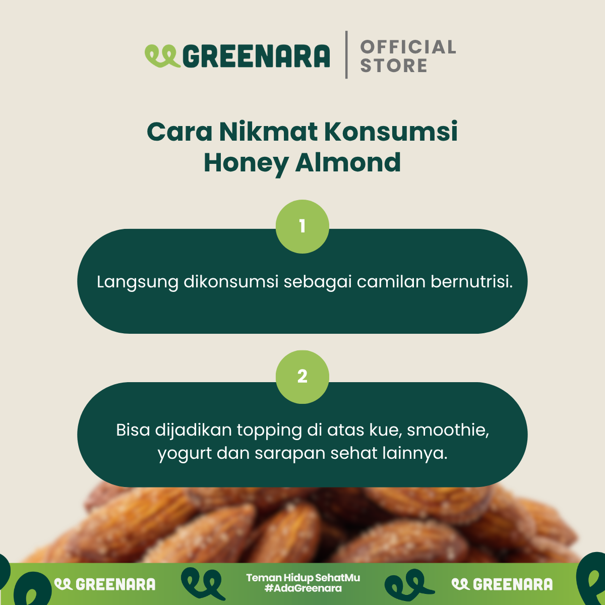 Greenara Natural Honey Roasted Almonds 120gr Low Calorie (160cal / Serv) / Snack Kacang Sehat Alami