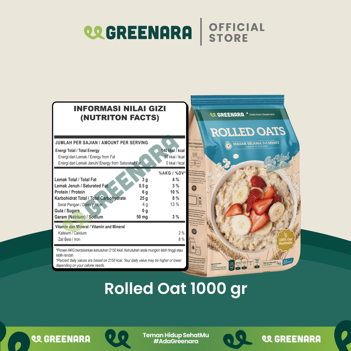 Greenara Natural Rolled Oat Australia 1Kg / Oat Utuh