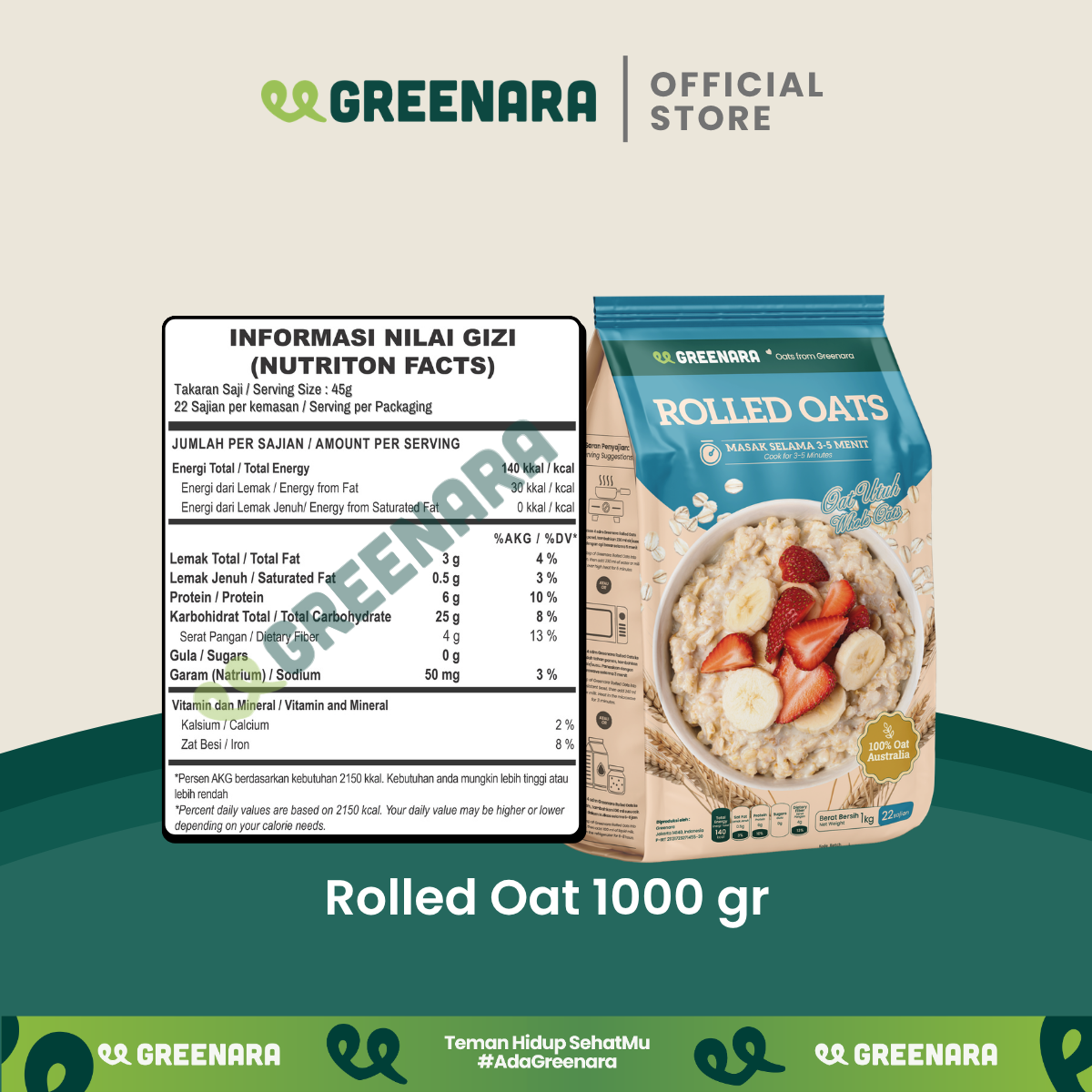 Greenara Natural Rolled Oat Australia 1Kg / Oat Utuh