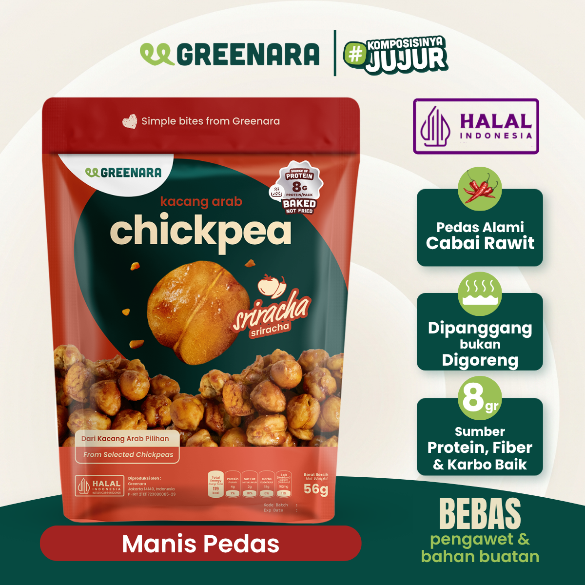 Greenara Natural Roasted Chickpea Sriracha 56g / Kacang Arab Panggang Rasa Sriracha / Snack Sehat
