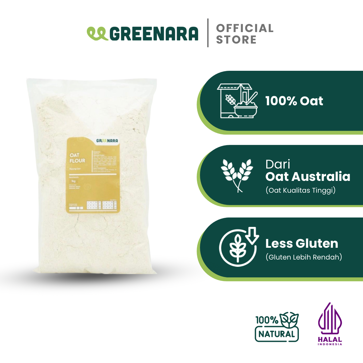 Greenara Natural Oat Flour 1Kg Less Gluten / Tepung Oat Pancake Roti Kue / Pengganti Tepung Terigu