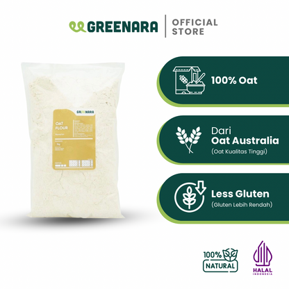 Greenara Natural Oat Flour 1Kg Less Gluten / Tepung Oat Pancake Roti Kue / Pengganti Tepung Terigu