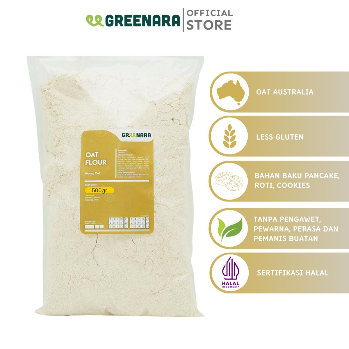 Greenara Natural Oat Flour 500gr Less Gluten / Tepung Oat Pancake Roti Kue / Pengganti Tepung Terigu