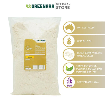 Greenara Natural Oat Flour 500gr Less Gluten / Tepung Oat Pancake Roti Kue / Pengganti Tepung Terigu