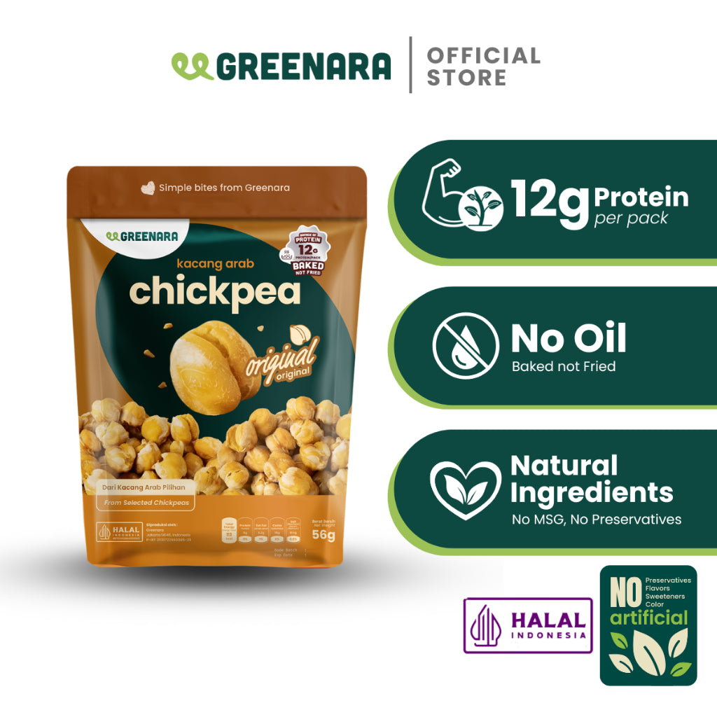 Greenara Natural Roasted Chickpea Original / Sea Salt / Savory / Sriracha 56g / Kacang Arab Sehat