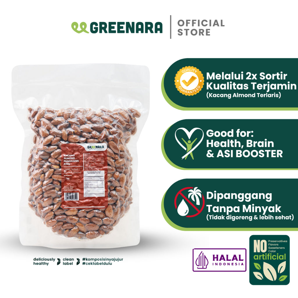 Greenara Kacang Almond Panggang Asin 1Kg / Almond Panggang Dengan Sedikit Garam