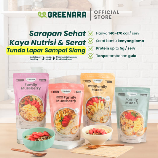 Nama Produk Greenara Natural Family Muesli / Berry 500gr (140-170cal/serv)/ Sarapan Sehat Oatmeal Kaya Serat