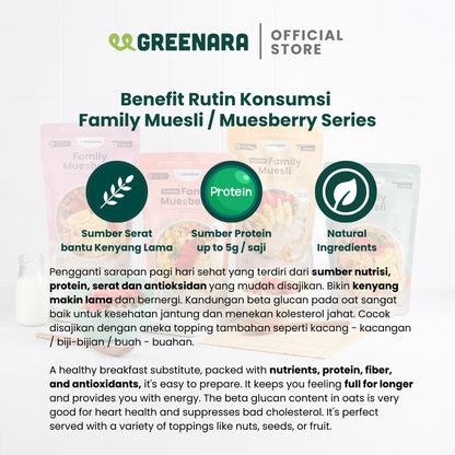 Greenara Natural Family Muesli / Berry 500gr (140-170kal/saji)/ Sarapan Sehat Oatmeal Kaya Serat