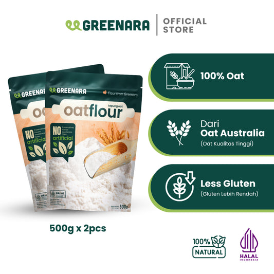 Greenara Natural Oat Flour 1Kg Less Gluten / Tepung Oat Pancake Roti Kue / Pengganti Tepung Terigu