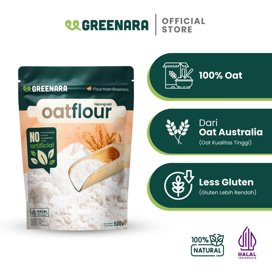 Greenara Natural Oat Flour 500gr Less Gluten / Tepung Oat Pancake Roti Kue / Pengganti Tepung Terigu