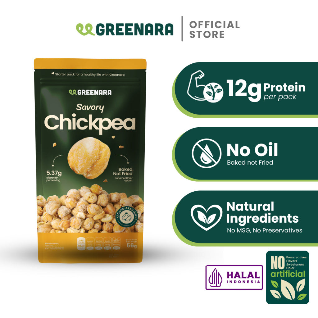 Greenara Natural Roasted Chickpea Original / Sea Salt / Savory / Sriracha 56g / Kacang Arab Sehat