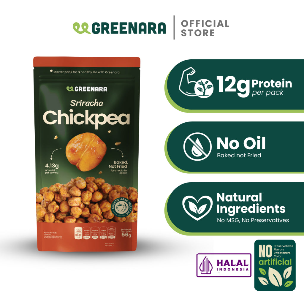 Greenara Natural Roasted Chickpea Original / Sea Salt / Savory / Sriracha 56g / Kacang Arab Sehat